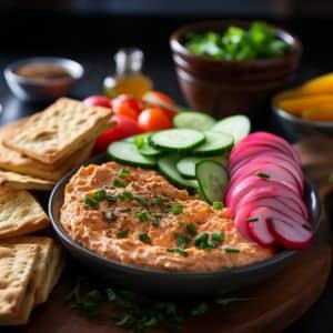 cucumbers and radishes with crackers with the spicy salmon buffalo dip