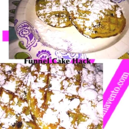 Funnel Cake, Funnel Cakes, FUnnel Cake Hack, Hacks, Food Hacks, Easy To Make, Waffles, How To, How To Make a funnel Cake Hack, food, foodie, food blogger, travel blogger, homemade, easy to make, recipe, recipes, food that tastes like funnel cake, funnel cake not fried, baked, toasted, toaster, reuse, sweet, confectionery sugar, frozen waffles, paper plates, serve warm, dana vento
