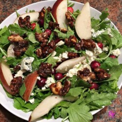 Pear, Arugula, Pear Arugula, Pear Arugula Salad, Gorgonzola, Gorgonzola Cheese, Candied, Candied Walnuts, Recipe, recipes, California Walnuts, California, Walnut, Walnuts, California Walnut, Protein, healthy, fitness, diet, food, salad, cranberries, salt, pepper, how to, Pear Arugula Salad with Candied Walnuts, Pears, Pear, Fruit, meatless, vegetarian, wholesome, holidays, holiday, holiday recipe, holiday recipes, cooking, kitchen, food blogger, dana vento, ad