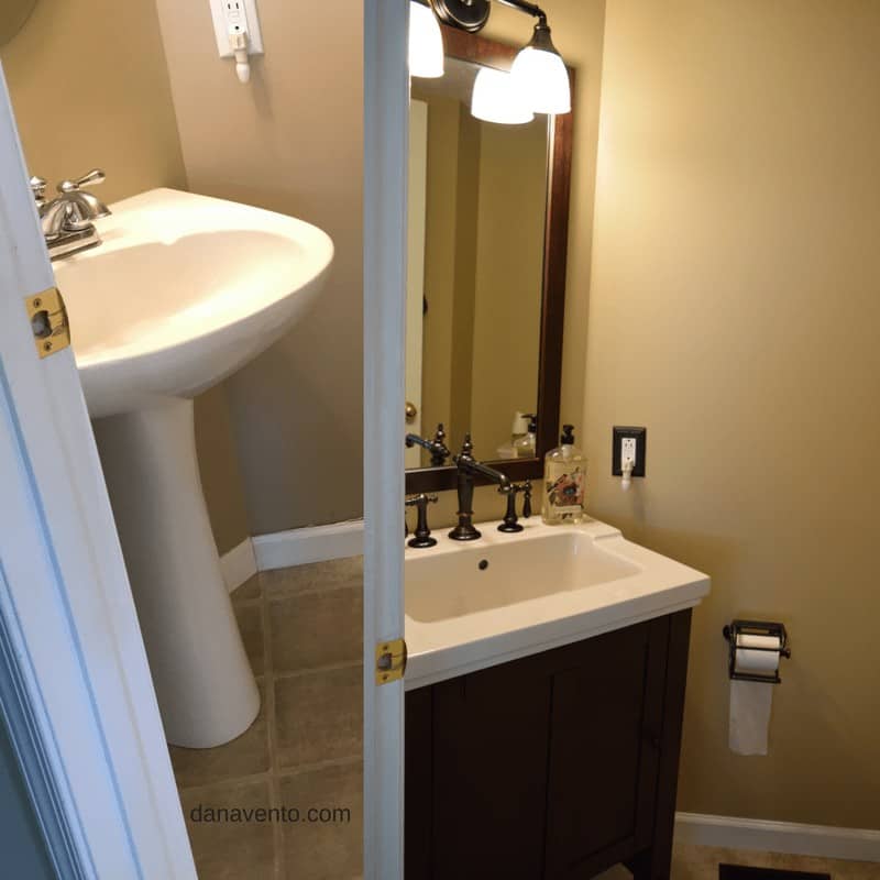 Half-bath remodel the old pedestal sink vs. the new Tresham sink