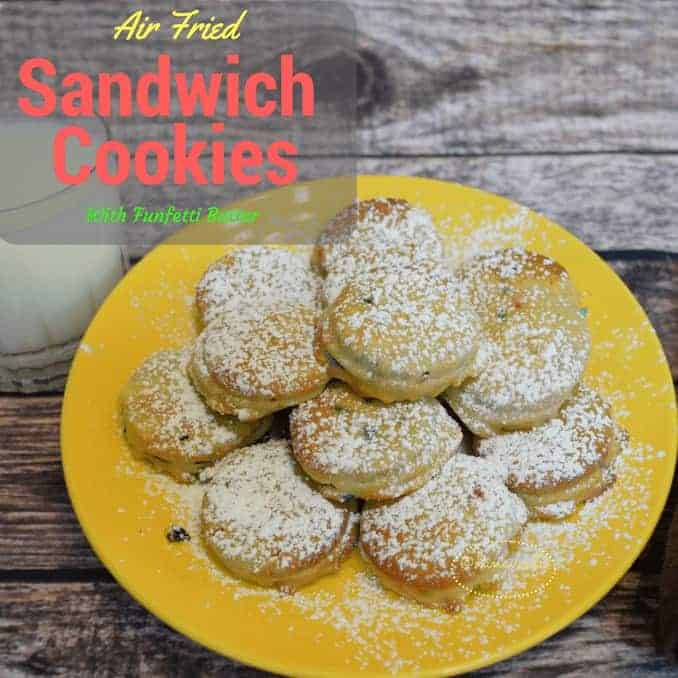 air fryer, Rosewill Air Fryer, Fry without Oil, Oil Free Frying, Cookies, Sandwich Cookies, Cookies with Creme Filling, Recipe, Recipes, recipe writer, food blogger, food writer, powdered sugar, easy to make, minutes, delicious, dessert, sweet treats, cookies, batter, fried, 5 minutes, Air Fried Sandwich Cookies with Funfetti Batter 