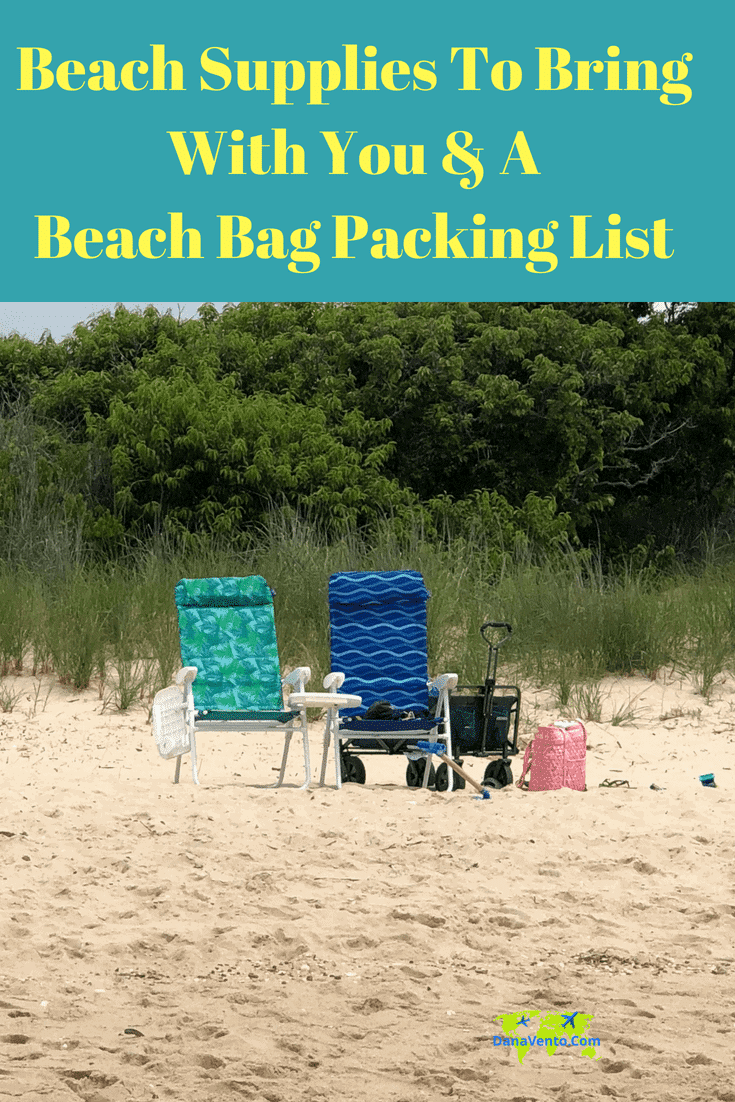 beach chairs at a beach with a beach bag essentials sack next to chair