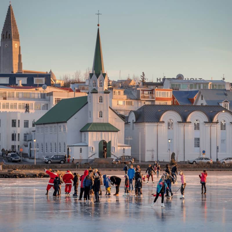 Ice skating on Reykjavik pond-Iceland