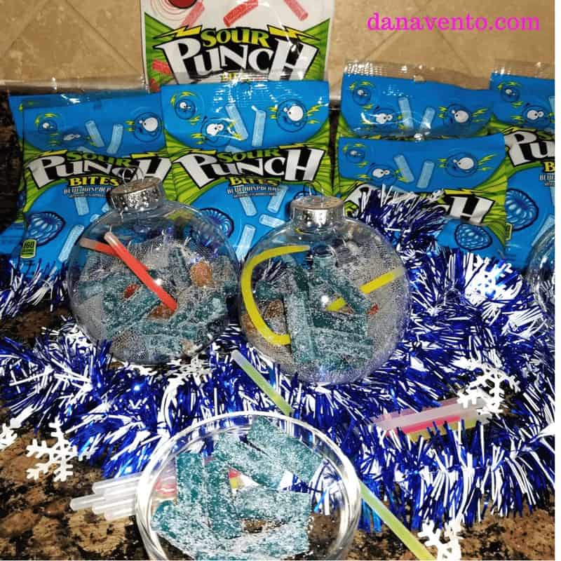 DIY glow in the dark candy filled ornament, ornament, candy filled, glow in the dark, candy inside, DIY, CANDY, sweet treat, treat yourself, holiday diy, crafting, food, parties, New Year's Eve, Celebrations, Holiday Parties, partying, glow, glow in the dark, glow sticks, Sour Punch® Bites®, Blue Assorted Bites® , Raging Reds Bites®, food and decor, decor for parties, fast decor, easy diy, holiday fancy, holiday light up decor, no batteries required, fun with food, creative food presentation, glow in the dark, ornaments that glow in the dark, glow in the dark food ornaments, party, parties, food for parties, sweet treats for parties, sweet treats for your, Sour Punch, Sour Punch Red, Sweet and Sour treats, chewy, gummy like