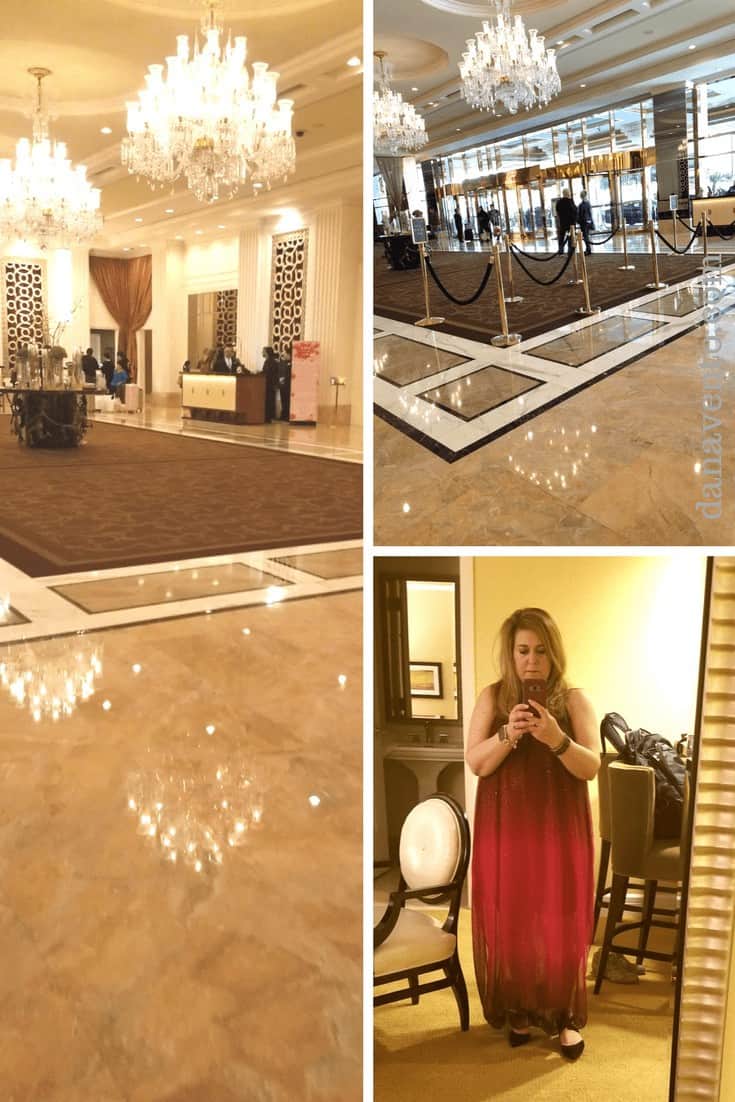 Collage with views of hotel lobby to the left and upper right and woman taking selfie in lower right