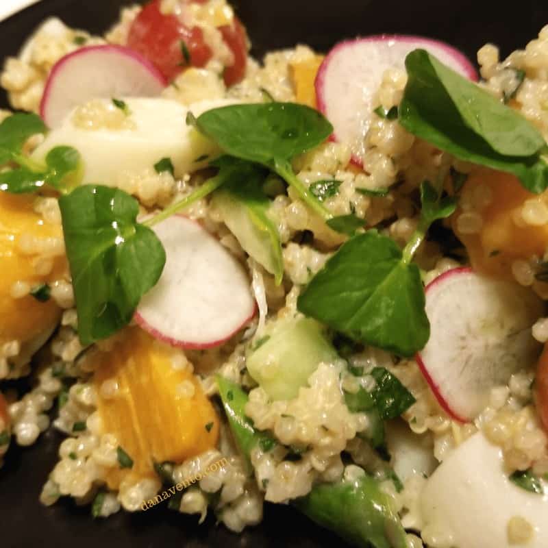 Edge Steakhouse Vegas Quinoa and roasted vegetable salad, offerings hearts of palm, radish, asparagus and topped with watercress.