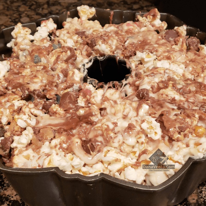 Chocolate Trio Popcorn Cake, popcorn, flavored cake, marshmallows, holidays, parties, gatherings, gifting, tailgating, coconut, butter, fast, fabulous, recipe, dessert, no bake, chocolate, mix of chocolates,