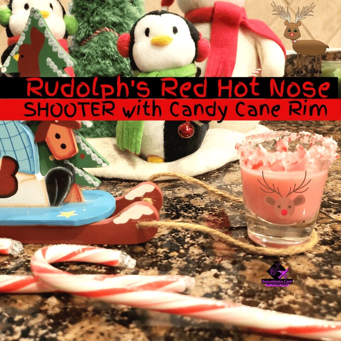 Rudolph's Red Hot Nose Shooter With Candy Cane Rim, RIM, corn syrup, drinks, shooters, beverages, libations, holiday libations, shots, visiting, visitors, family, friends, make ahead, prepare, serve, hot, cool, burn, taste, enjoy, Ching Ching, Cheers, Sip Sip Hooray, Happy Holidays, Christmas, Gatherings, Celebration, Video Recipe, fast, easy, gathering, parties, New Year's Eve, Valentine's Day, Bottoms Up, Candy Cane, Sweet, Cooling, Burning, 