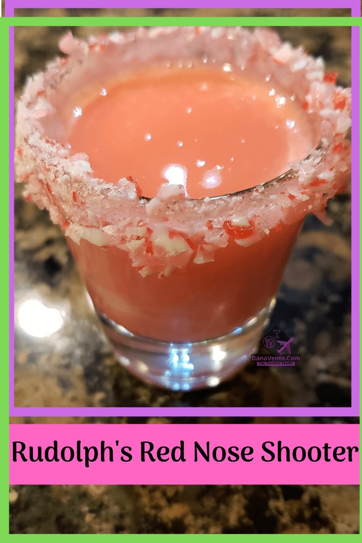Rudolph's Red Hot Nose Shooter With Candy Cane Rim, RIM, corn syrup, drinks, shooters, beverages, libations, holiday libations, shots, visiting, visitors, family, friends, make ahead, prepare, serve, hot, cool, burn, taste, enjoy, Ching Ching, Cheers, Sip Sip Hooray, Happy Holidays, Christmas, Gatherings, Celebration, Video Recipe, fast, easy, gathering, parties, New Year's Eve, Valentine's Day, Bottoms Up, Candy Cane, Sweet, Cooling, Burning,