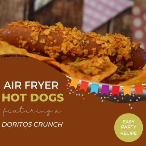 air fryer hot dogs with a Doritos crunch party background