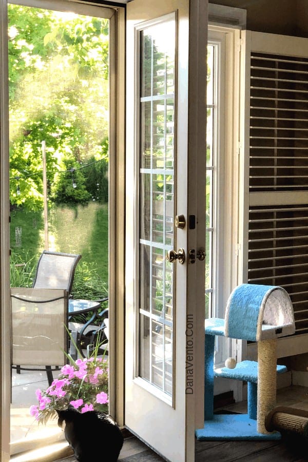 The Secret to French Door DIY Window Treatments: our new fauxwood plantation shutters installed 