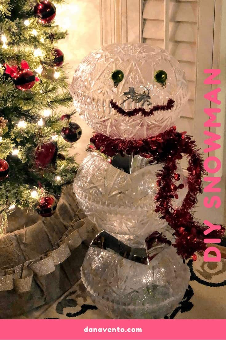 Easy To Make DIY Snowman With Dollar Tree Products, Snowman, Crystal, Faux Crystal, Acrylic Cut Crystal Bowls, Dollar Tree, Dollar Tree Products, How To, DIY, Snowman decorations, decor, scarf, sparkle, shine, lighting, home decor, pretty, face, twisties, scissors, crafting, holiday crafting, diy, holiday diy, holiday snowman, bulbs, garland, happy, around the house, weighted down, outdoor, indoor, try this, Dana Vento DIY