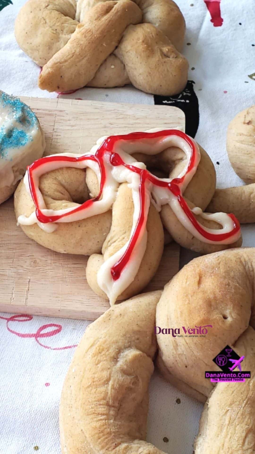 iced cinnamon pretzels with icing in red