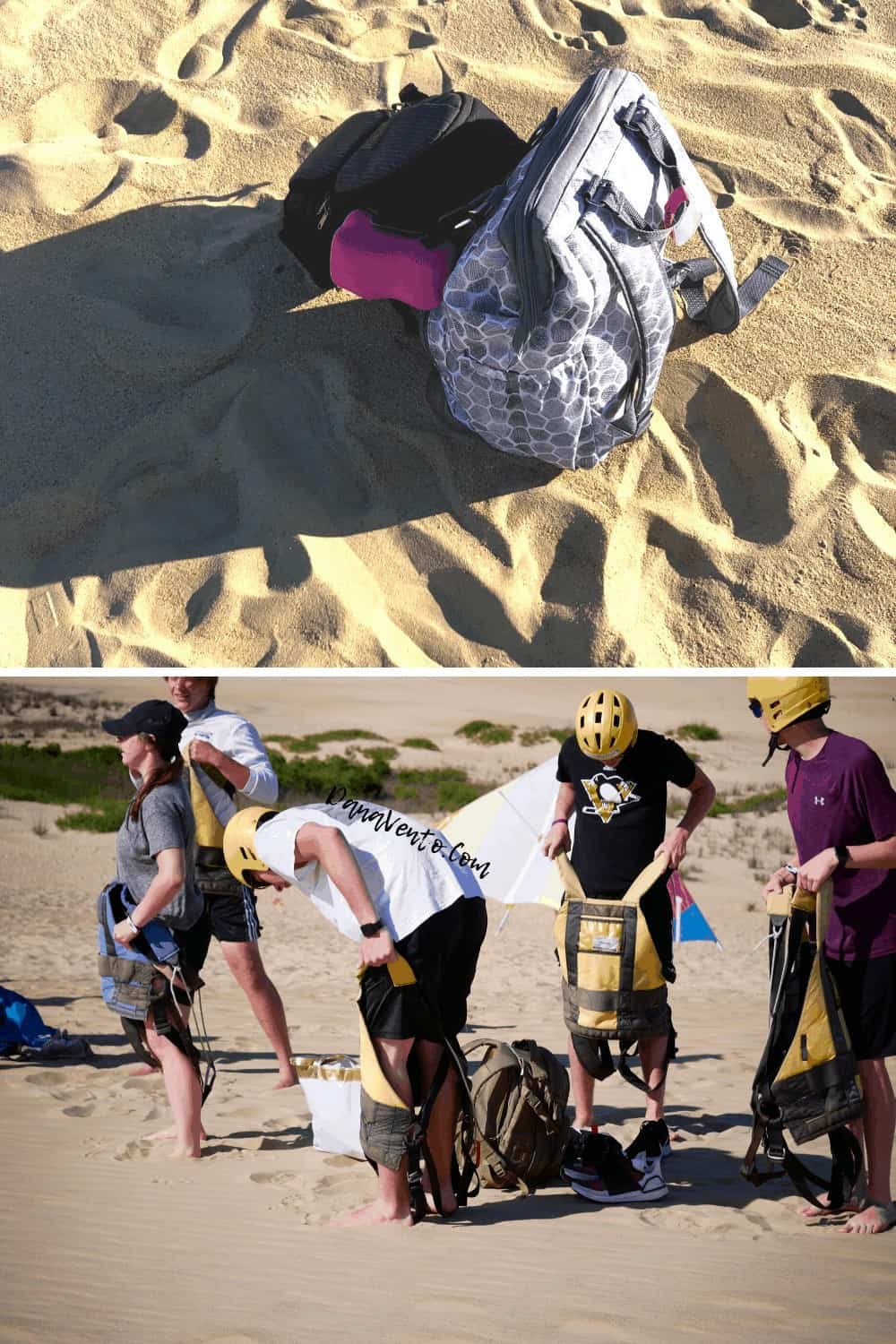 Backpacks on sand at Outer Banks hang gliding experience 