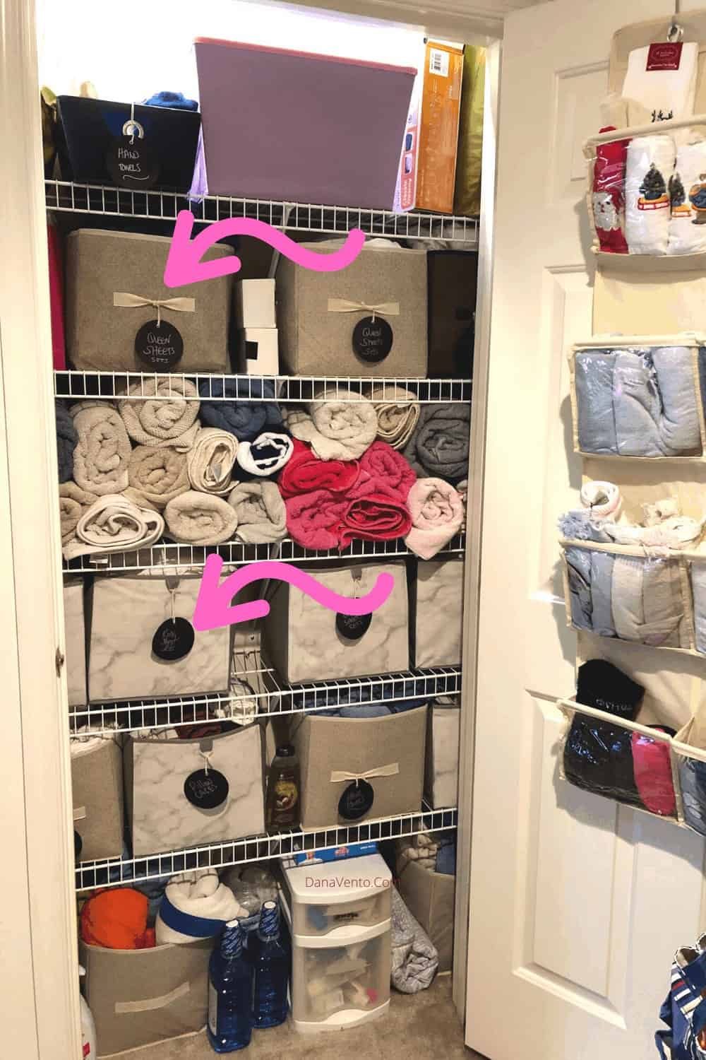 Tags on Cubes in Linen Closet 