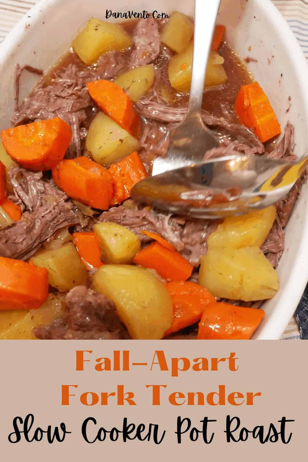 Slow cooker pot roast meat and veggies in a bowl