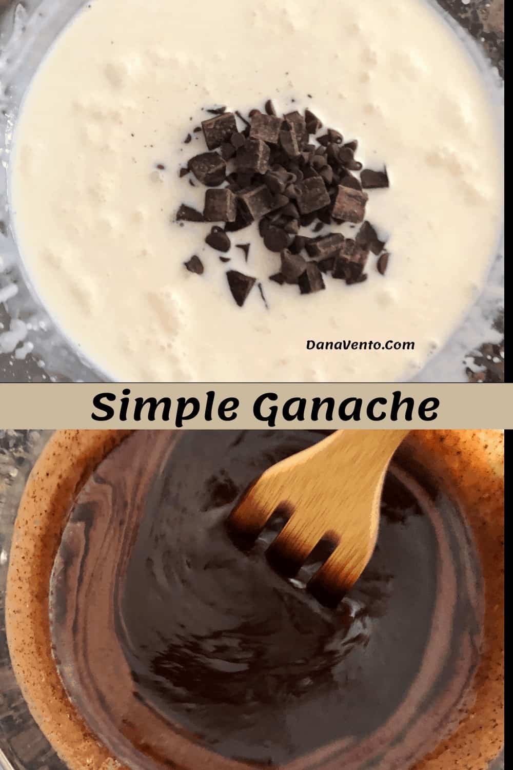 Creamy chocolate ganache in a glass bowl Before and after being mixed