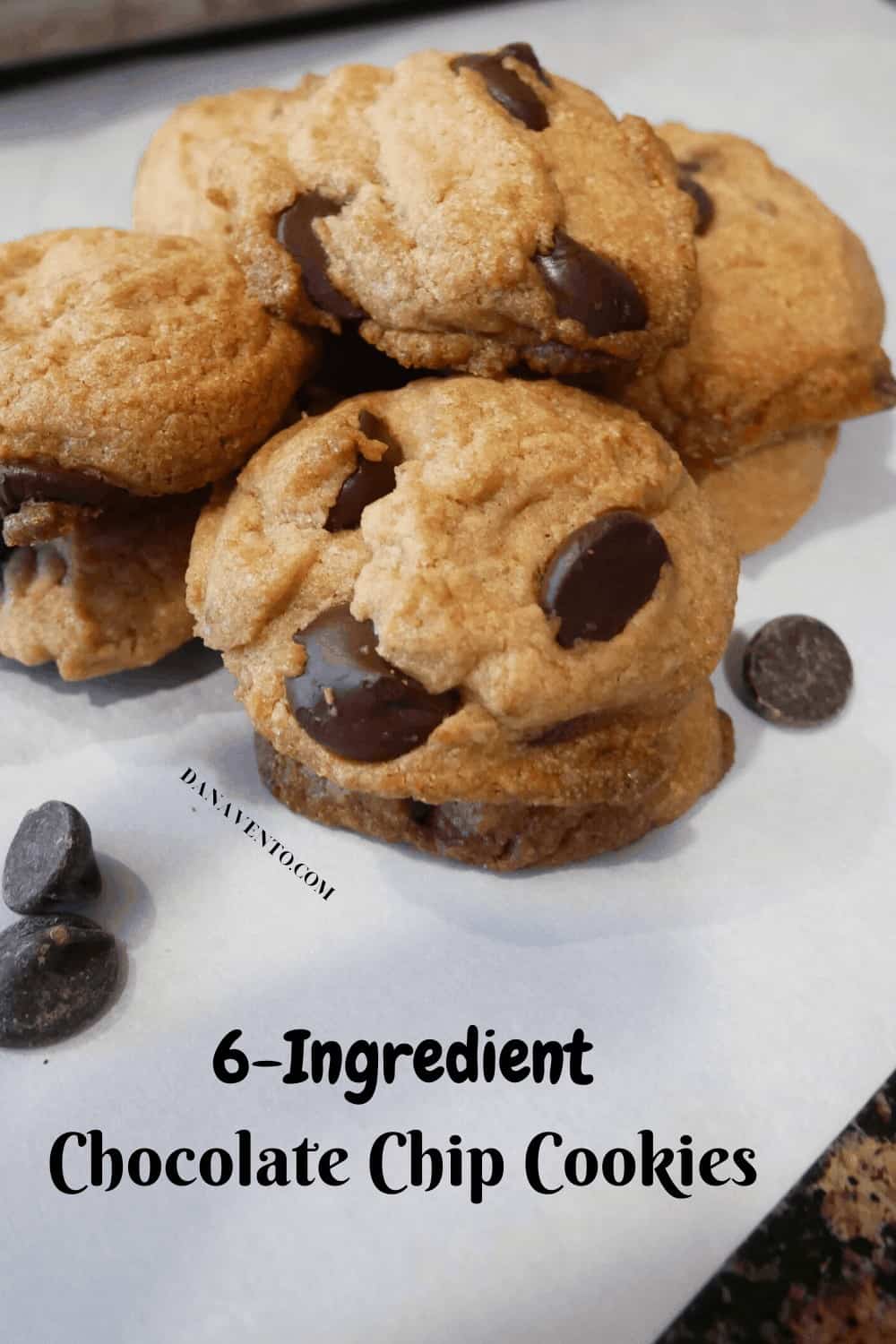 a few chocolate chip cookies in a stack 