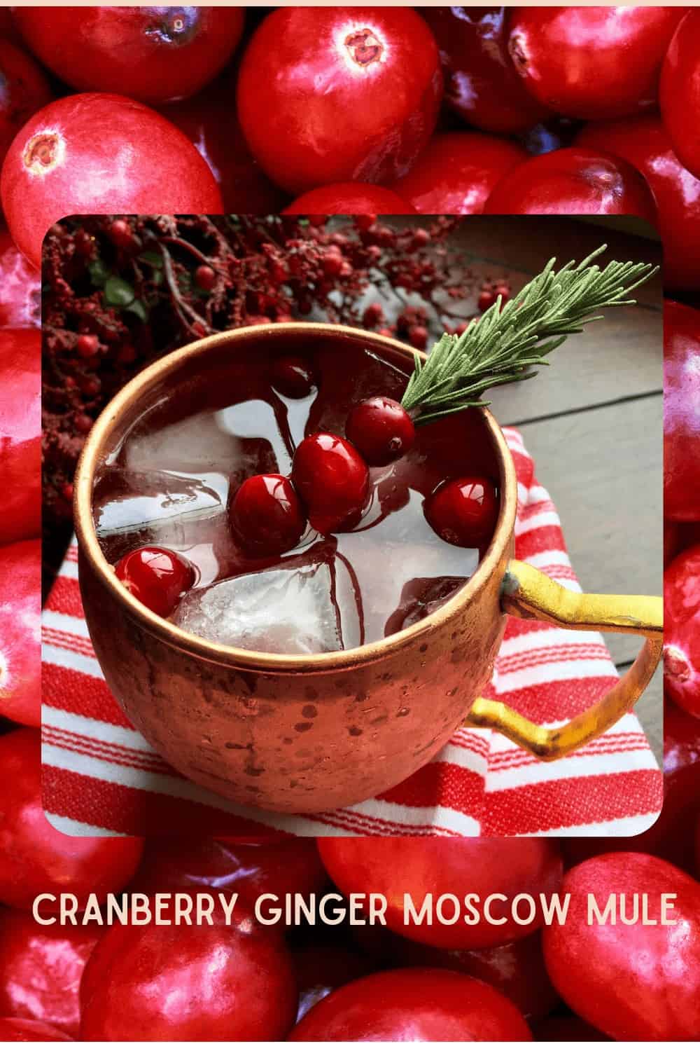 Festive Cranberry Ginger Moscow Mule Cocktails with cranberries behind