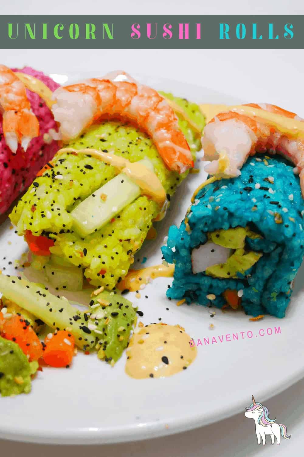 unicorn sushi rolls with a shrimp atop 