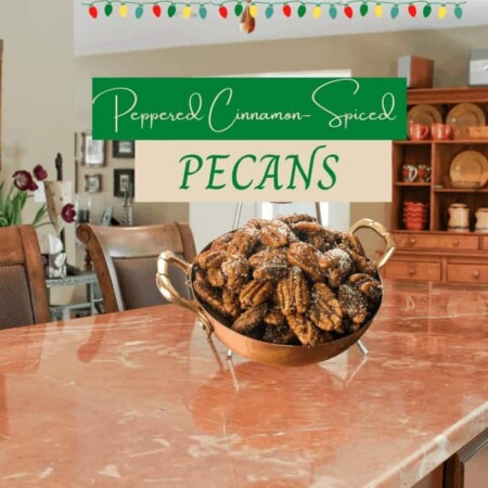Peppered cinnamon spiced pecans on a countertop