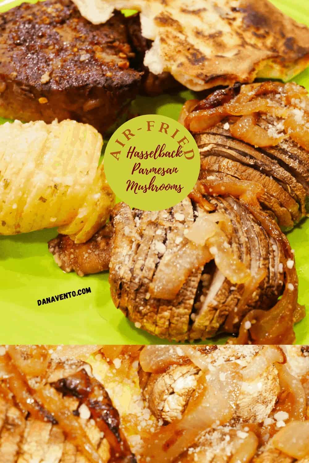 Hasselback parmesan mushrroms with beef on plate