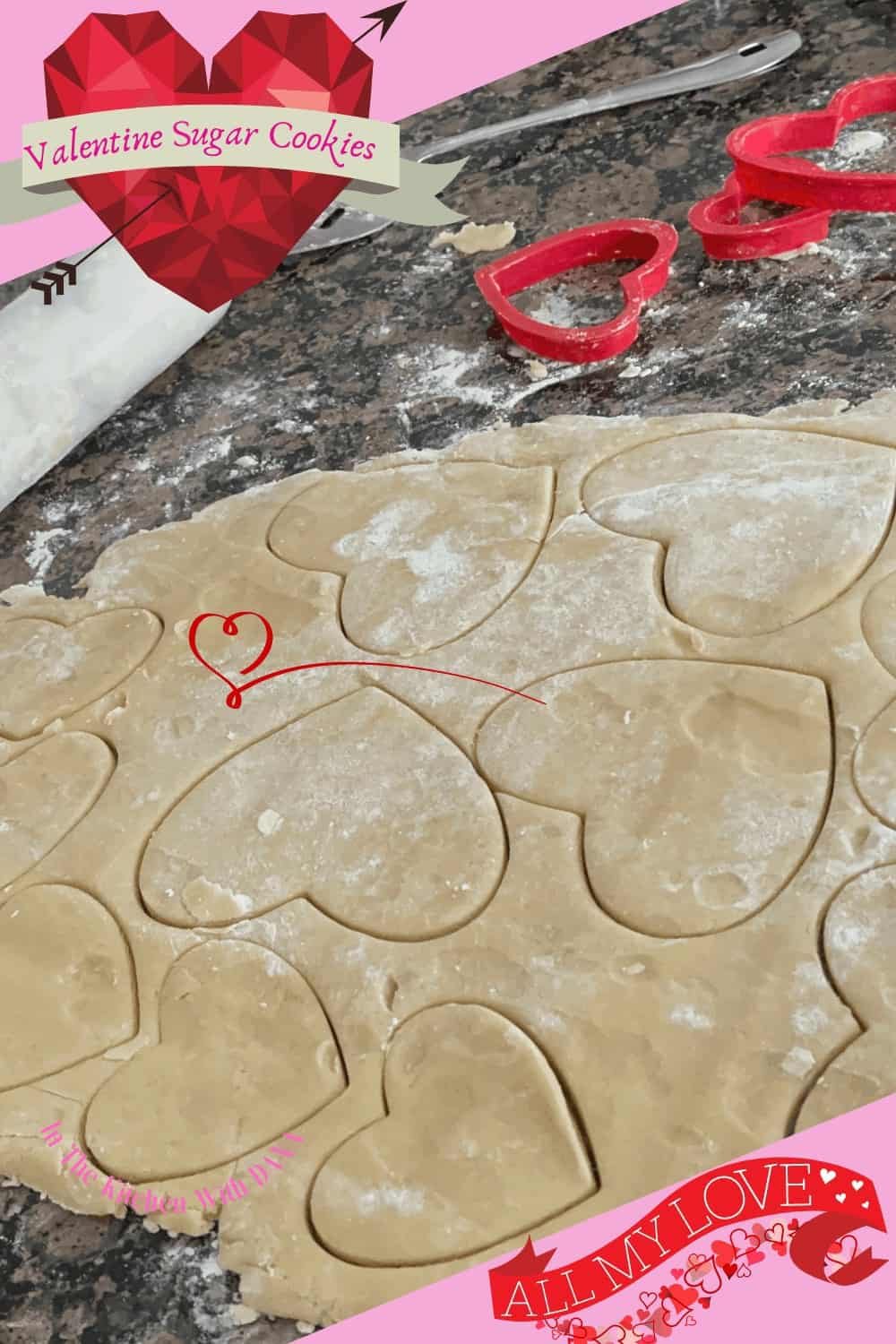 heart cookies being cut outon a lightly floured countertop 