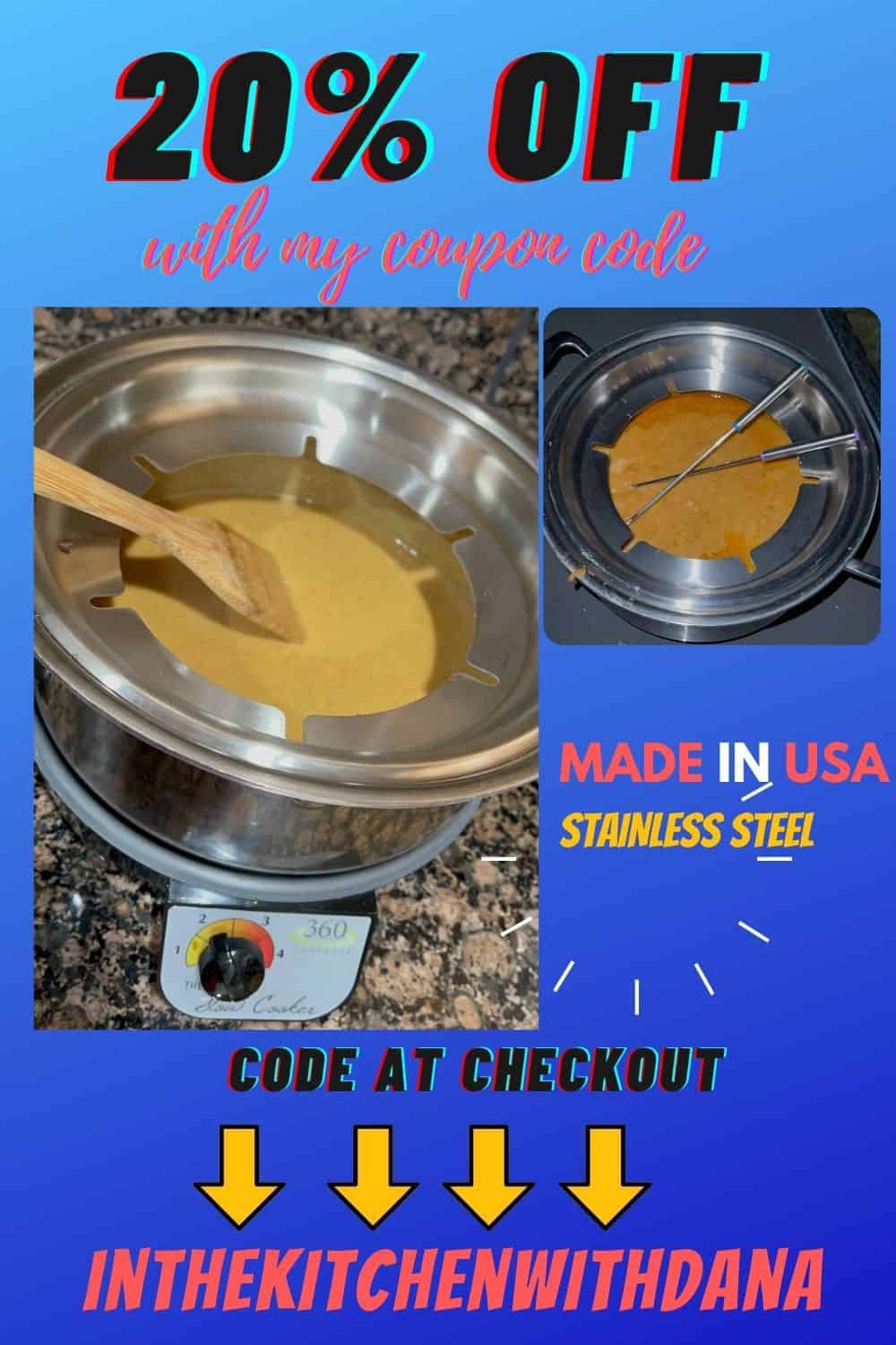 20 off with my coupon code 360 cookware fondue set with a slow cooker and 4 qt pot