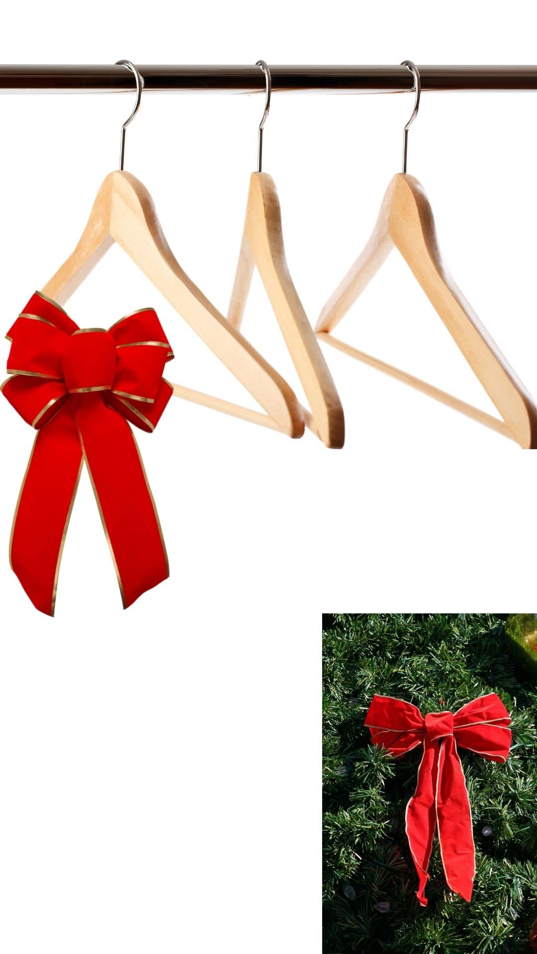 clever Christmas decoration organization ideas hanging red bows on a hanger