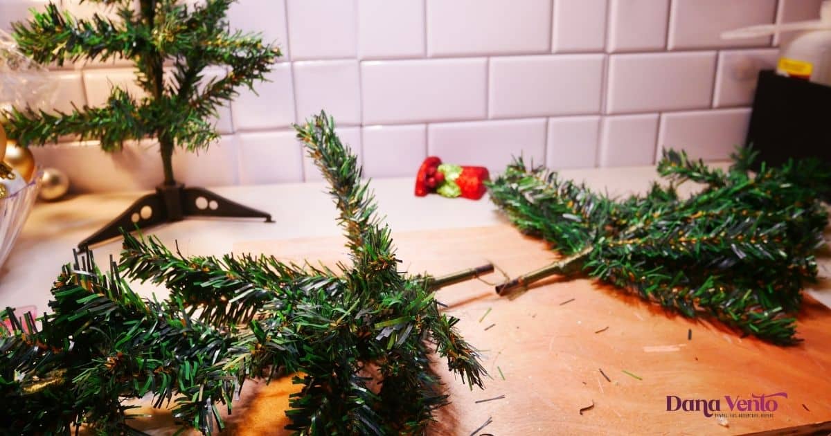 connecting 2 trees for holiday table centerpiece
