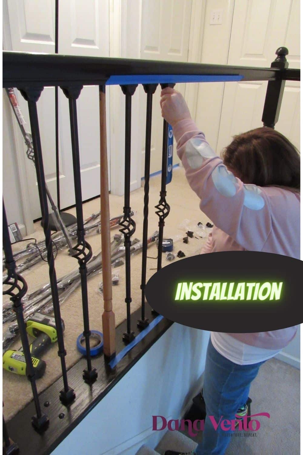 installation of adjustable iron baluster with one wood spindle in