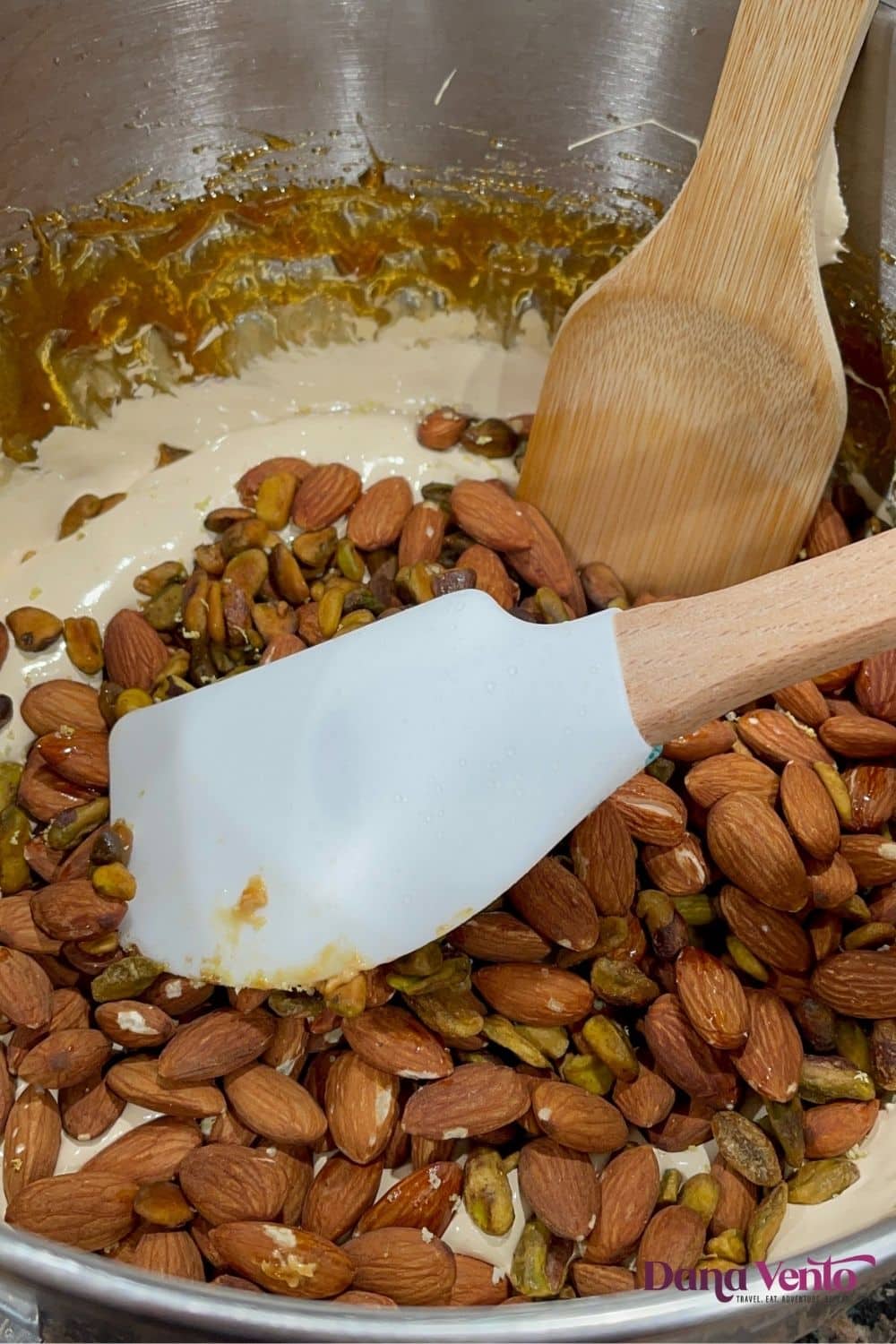 mixing in pistachios and almonds to Italin Nougat