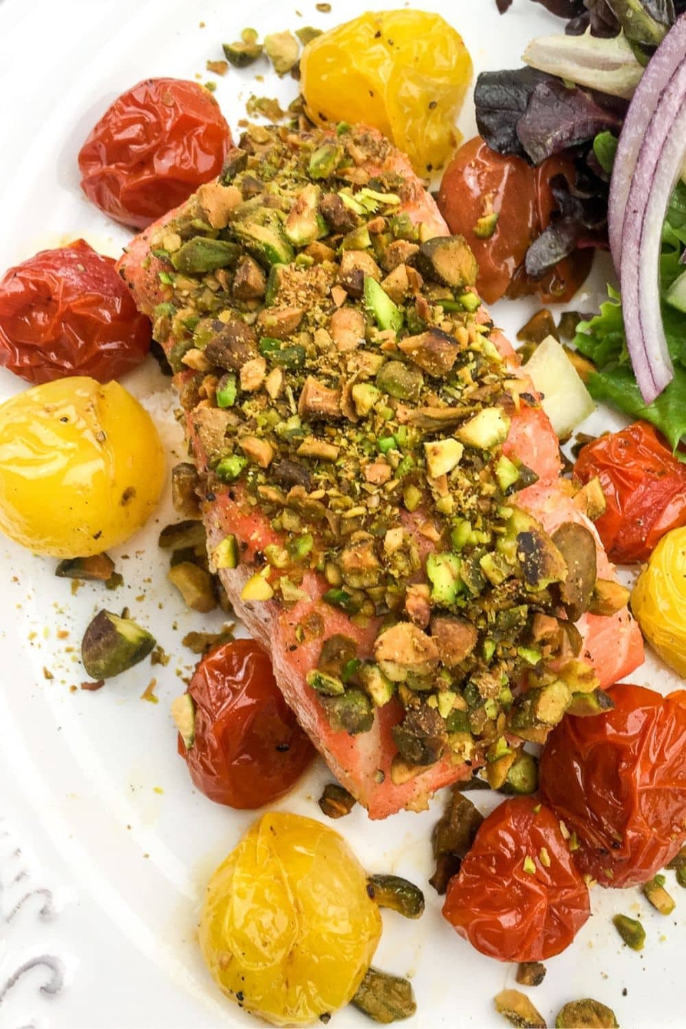 pistachio encrusted salmon with colorful tomatoes