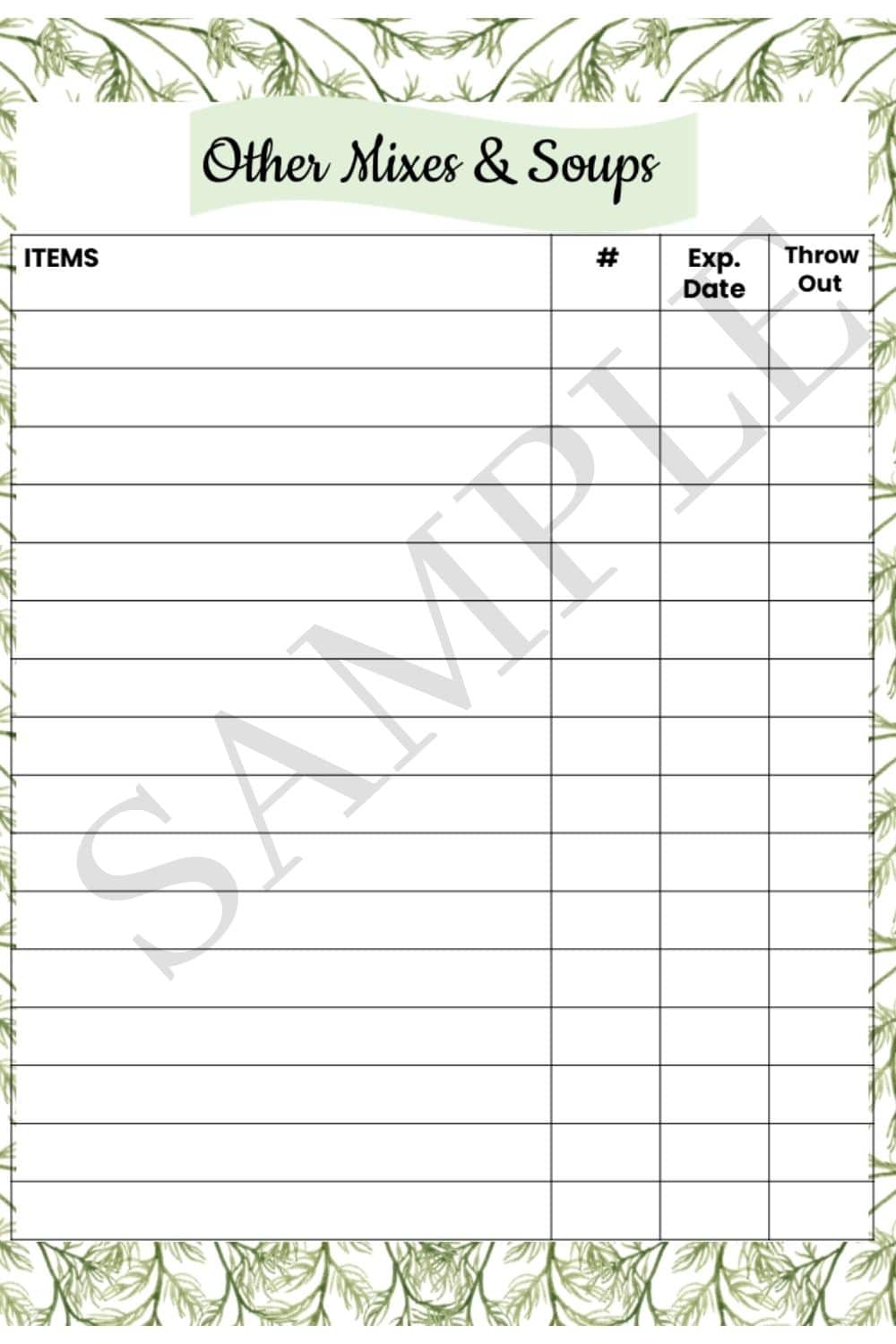 food inventory planner sample pages