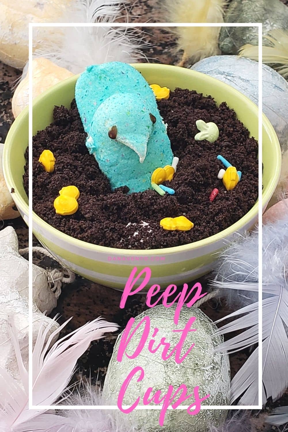 Easter Dirt Cup Finished to Serve Topped with Marshmallow Peep