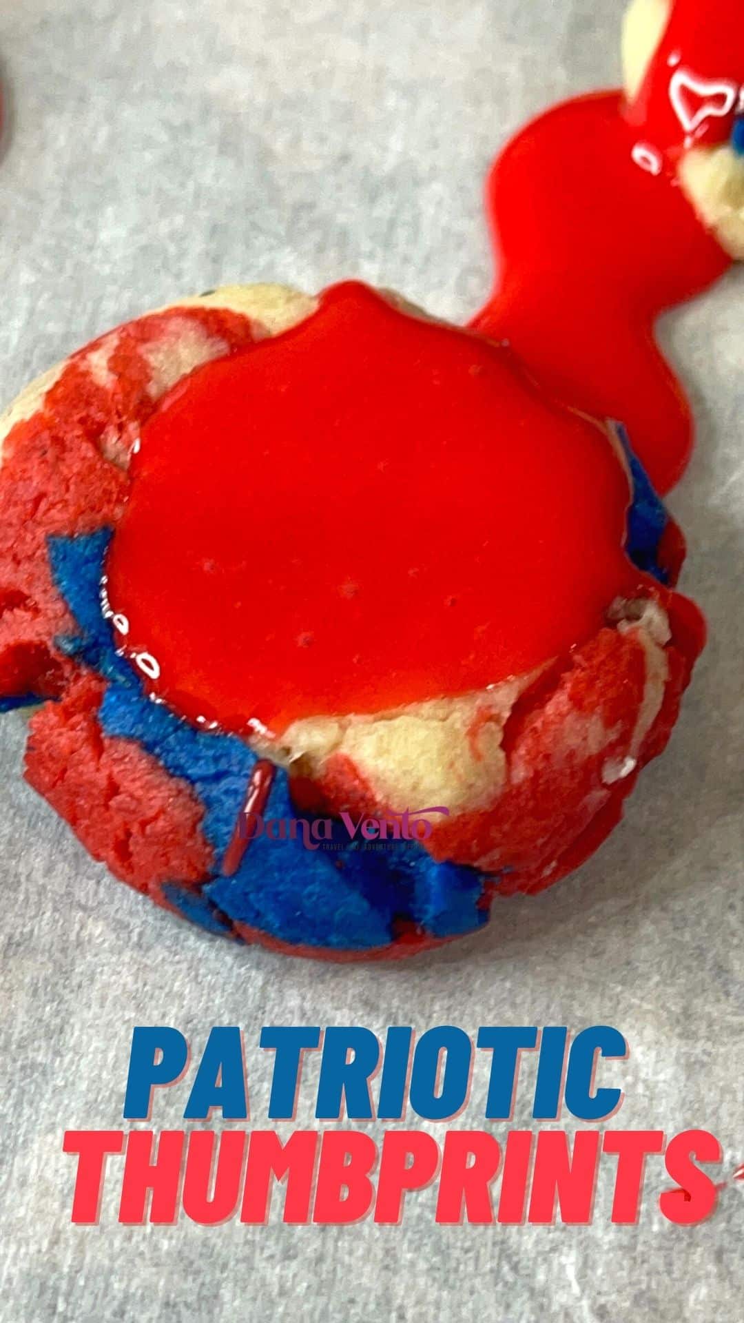 Patriotic red white blue thumbprint cookies filled and ready to go to the party 