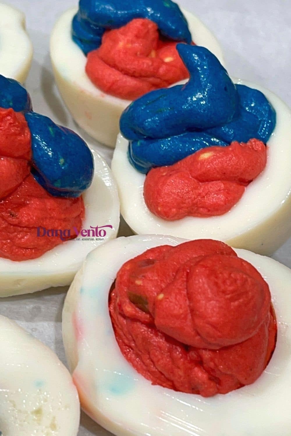 Red White Blue Smoky Deviled Eggs so vibrant and Patriotic 
