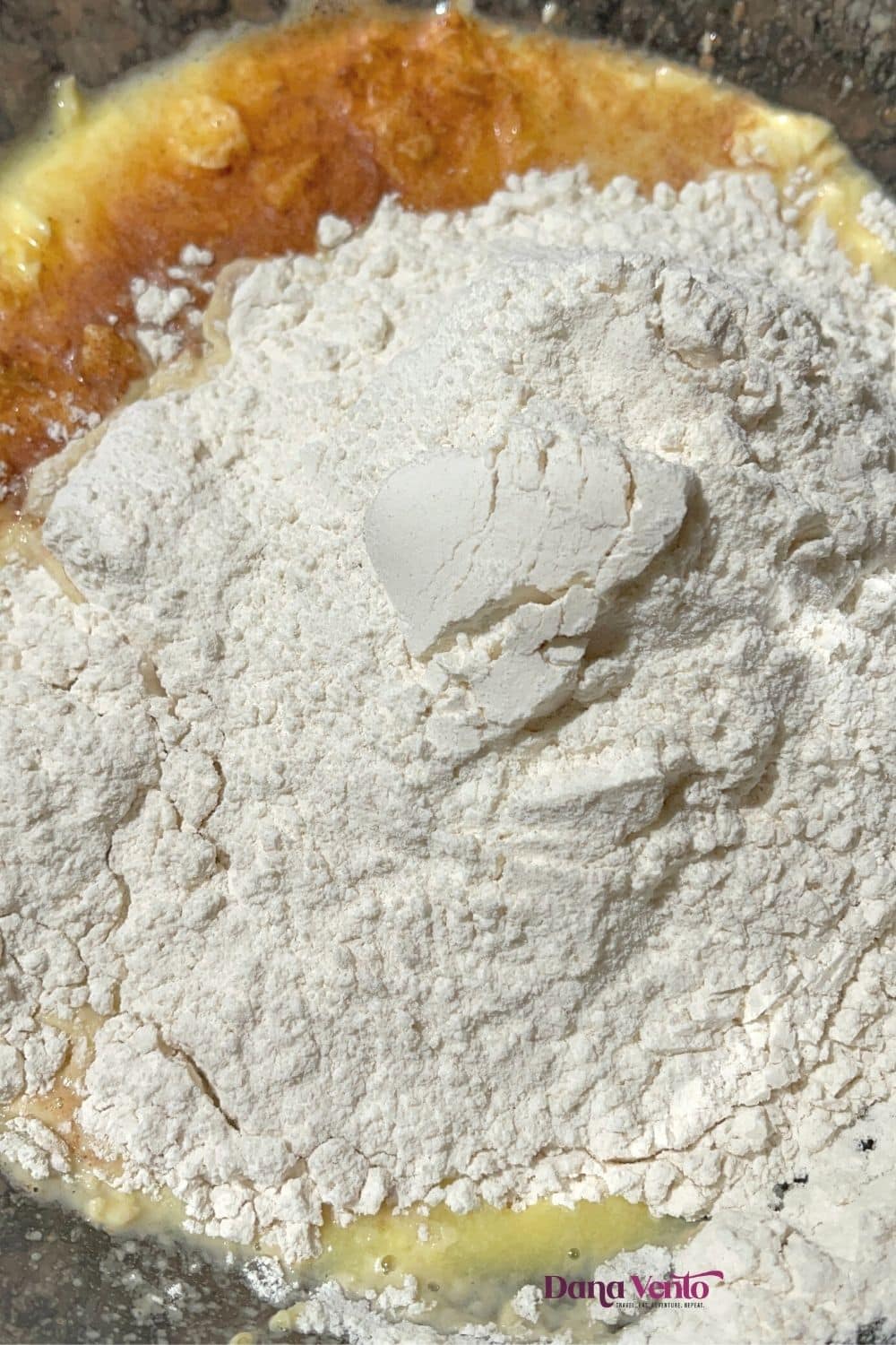 flour cinnamon and wine in mixing bowl