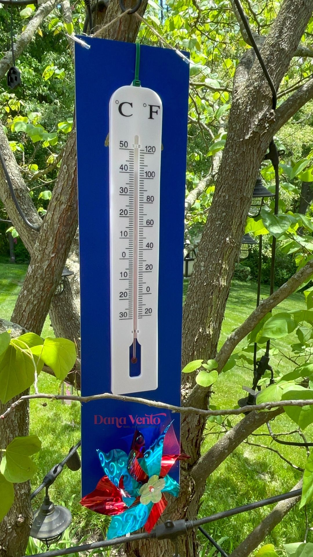 hanging outdoor decorative thermometer under a tree for shade