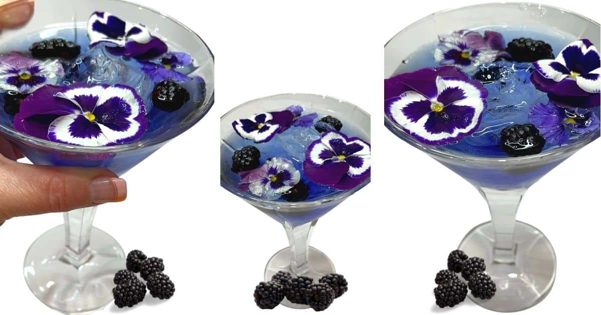 pansy purple gin peach cocktail from the side and top with berries