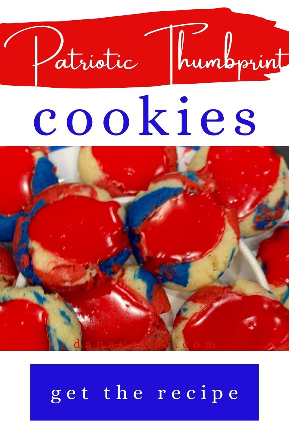 Patriotic Red White Blue Thumbprint Cookies with a Close-up of vibrant red, white, and blue thumbprint cookies with colorful icing