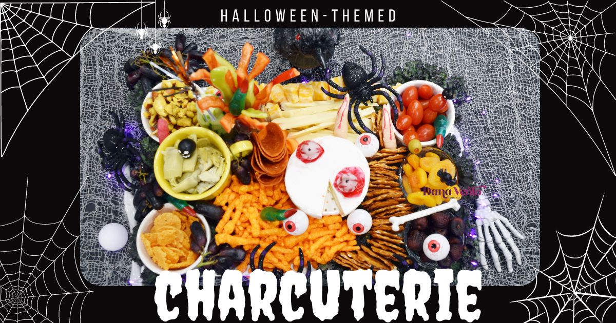 spider and raven Halloween charcuterie board