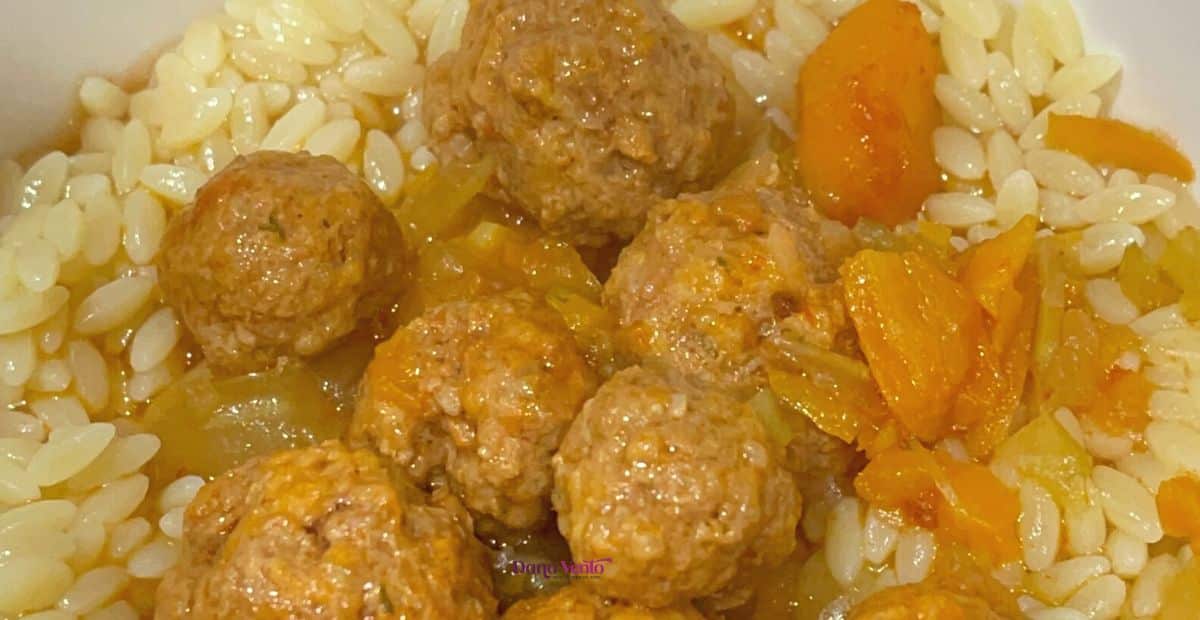 Mouthwatering Italian Mini Meatball Soup With Orzo (Polpettine and orzo in bowl) 
