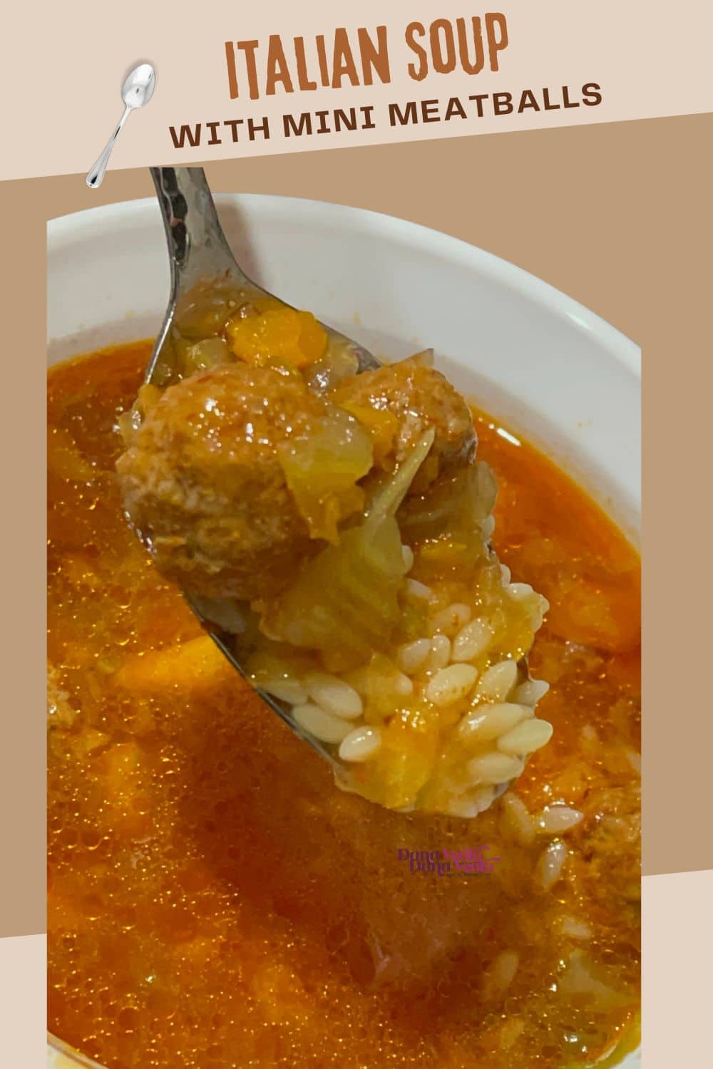 Mouthwatering Italian Mini Meatball Soup With Orzo on a spoon above the bowl 