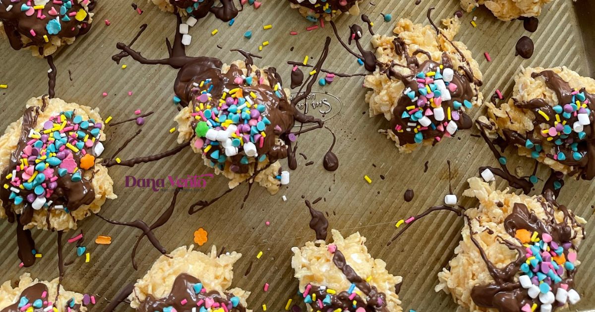 crispy marshmallow mounds with chocolate drizzle and confetti