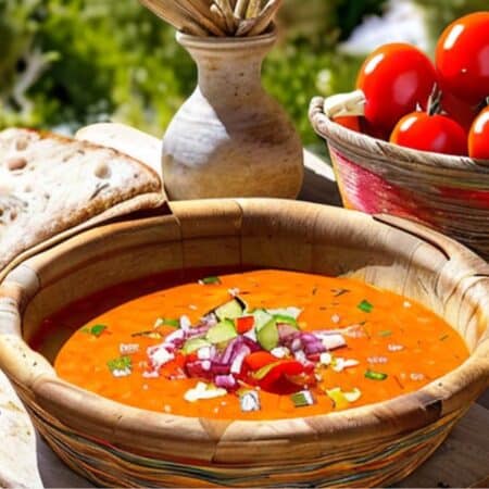 A bowl of chilled Spanish Gazpacho garnished and ready to serve