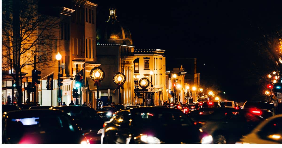 Hidden gems of Georgetown DC by night illuminated shops and restaurants