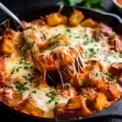 A fork filled with a mouthful of skillet gnocchi pizza bake
