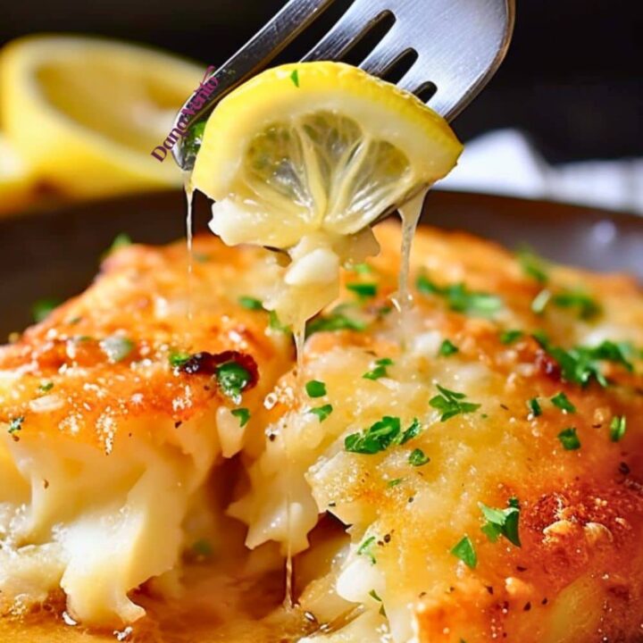 Fiesta Garlic Lemon Halibut on a fork with a piece of lemon dripping