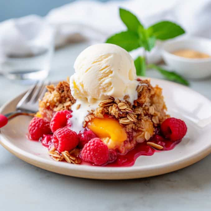 Plated Spiced Peach Melba Cobbler